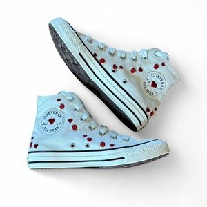 Converse White High Top Sneakers with Red Heart Accents